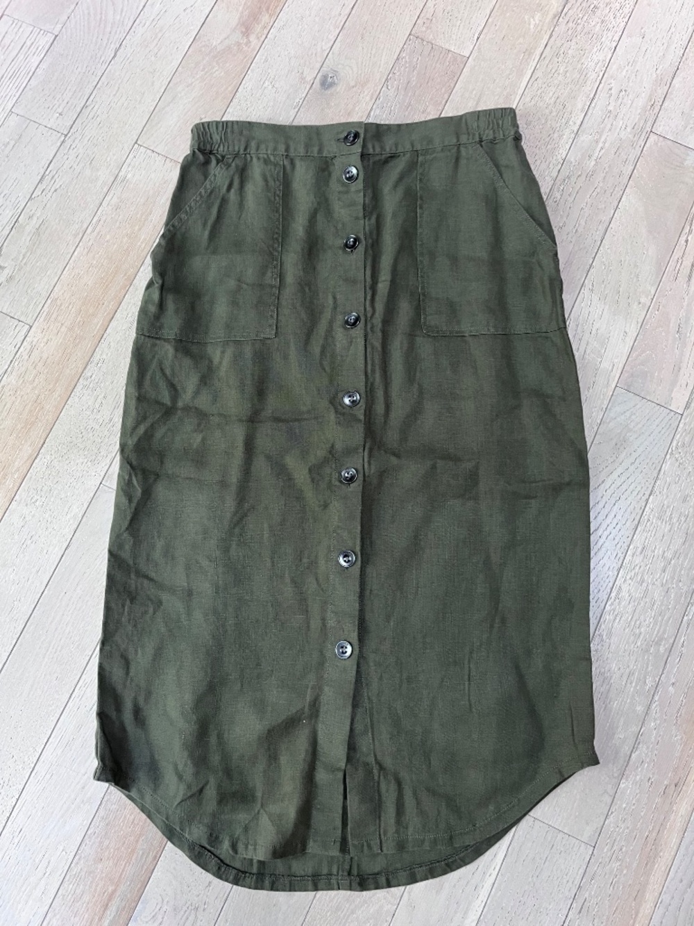 Orvis Olive 100% Linen Maxi Skirt Size Small Pockets, button down, elastic waist